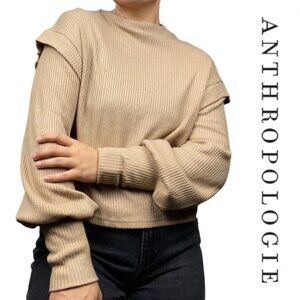 Anthropologie Sadie Sage Almond Ribbed Ruffle Pullover Sweater  Size Small